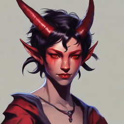 A high-quality digital art piece depicting a teenage, non-binary presenting Tiefling