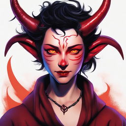 A high-quality digital art piece depicting a teenage, non-binary presenting Tiefling