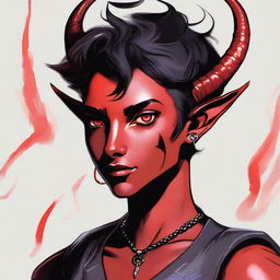 A high-quality digital art piece depicting a teenage, non-binary presenting Tiefling