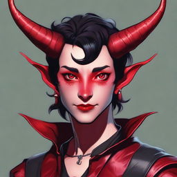 A high-quality digital art piece depicting a teenage, non-binary presenting Tiefling