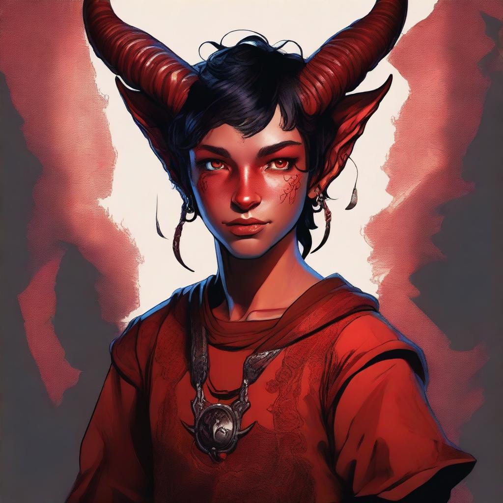 An intricately detailed, high-quality digital art piece featuring a teenage, non-binary presenting Tiefling