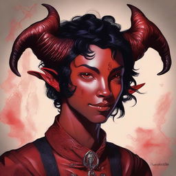 An intricately detailed, high-quality digital art piece featuring a teenage, non-binary presenting Tiefling