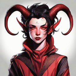 An intricately detailed, high-quality digital art piece featuring a teenage, non-binary presenting Tiefling