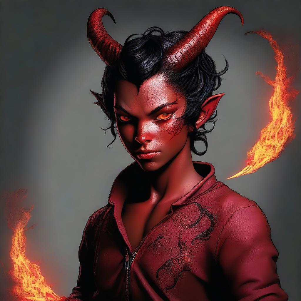 This is a high-quality digital art piece showcasing a full-body portrayal of a teenage, non-binary Tiefling