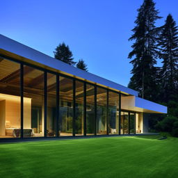 A stunning and modern house with large glass windows, a spacious lawn, and a minimalist interior design