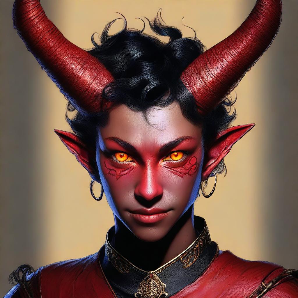 A high-quality digital art piece featuring a teenage, non-binary Tiefling