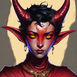 A high-quality digital art piece featuring a teenage, non-binary Tiefling