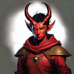 A high-quality digital art piece featuring a teenage, non-binary Tiefling