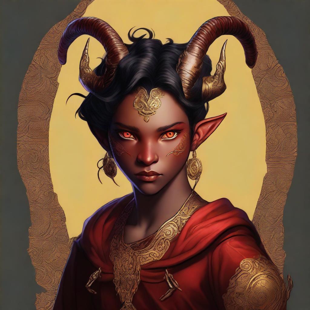 A high-quality digital art piece featuring a full-body portrayal of a teenage, non-binary Tiefling