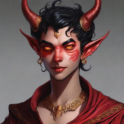 A high-quality digital art piece featuring a full-body portrayal of a teenage, non-binary Tiefling