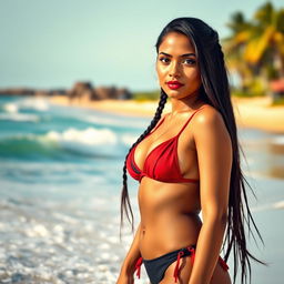 A stunning 35-year-old Indian woman with beautiful big dark eyes and long black hair styled in two braids