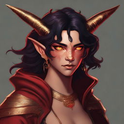 A high-quality digital art piece featuring a full-body portrayal of a teenage, non-binary Tiefling