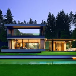 A stunning and modern house with large glass windows, a spacious lawn, and a minimalist interior design