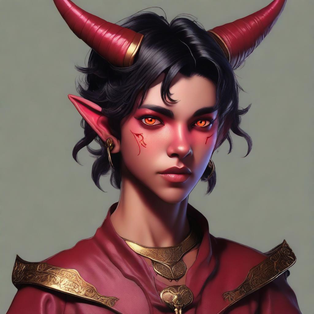 A high-resolution digital art piece showcasing a full-body image of a teenage, non-binary Tiefling