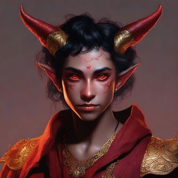 A high-resolution digital art piece showcasing a full-body image of a teenage, non-binary Tiefling