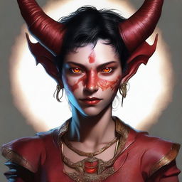 A high-resolution digital art piece showcasing a full-body image of a teenage, non-binary Tiefling