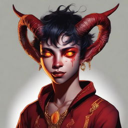 A high-quality digital art piece showing a full-body image of a teenage, non-binary Tiefling