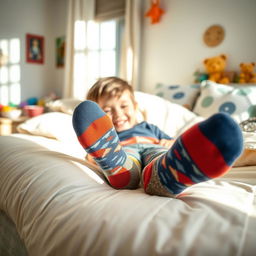 A playful scene featuring a young boy lounging comfortably on a cozy bed, with colorful patterned socks on his feet
