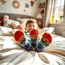 A playful scene featuring a young boy lounging comfortably on a cozy bed, with colorful patterned socks on his feet