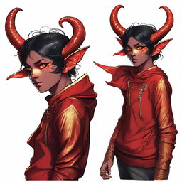 A high-quality digital art piece showing a full-body image of a teenage, non-binary Tiefling