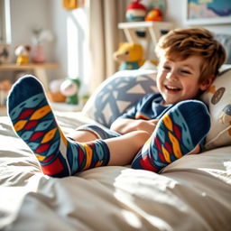 A playful scene featuring a young boy lounging comfortably on a cozy bed, with colorful patterned socks on his feet