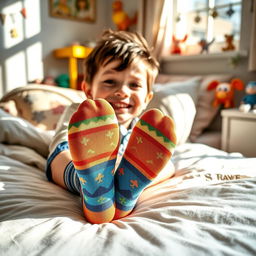 A playful scene featuring a young boy lounging comfortably on a cozy bed, with colorful patterned socks on his feet
