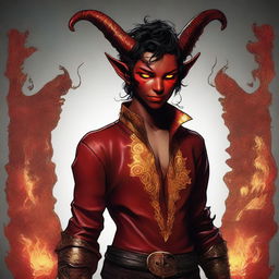 A high-quality digital art piece showing a full-body image of a teenage, non-binary Tiefling