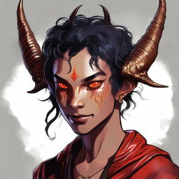 A high-quality digital art piece showing a full-body image of a teenage, non-binary Tiefling