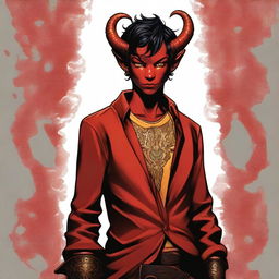 A high-quality digital art piece displaying a full-body image of a teenage, non-binary Tiefling