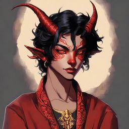 A high-quality digital art piece displaying a full-body image of a teenage, non-binary Tiefling