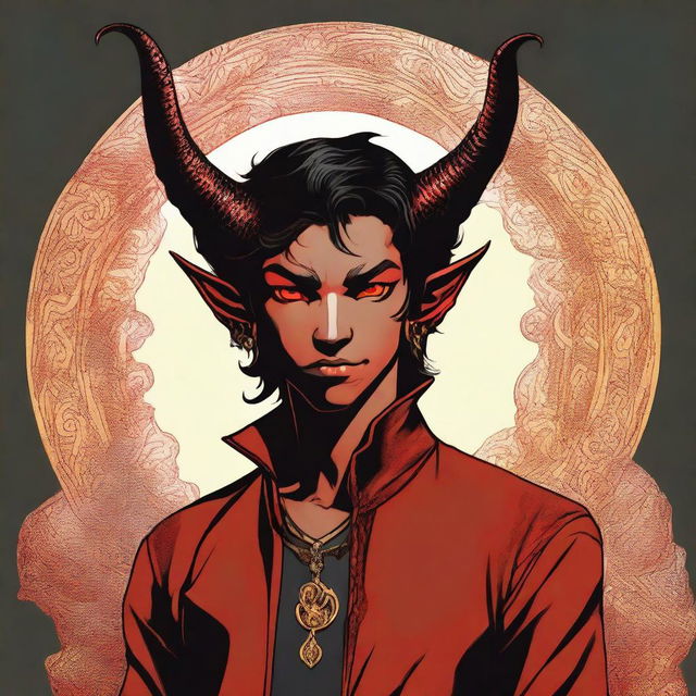 A high-quality digital art piece displaying a full-body image of a teenage, non-binary Tiefling