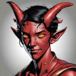 A high-quality digital art piece displaying a full-body image of a teenage, non-binary Tiefling