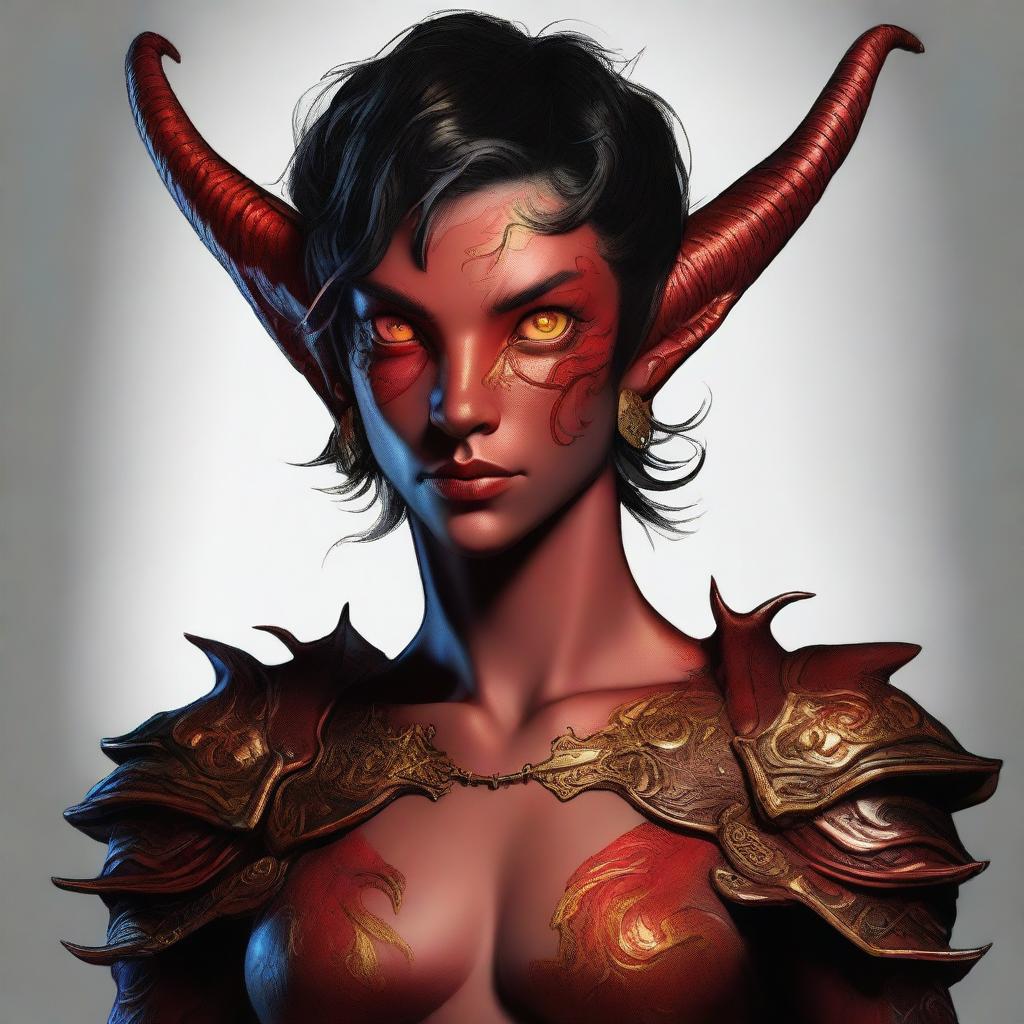 A high-quality digital art piece presents a full-body image of a teenage, non-binary Tiefling