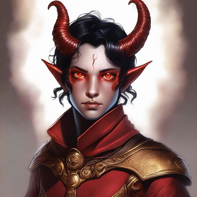 A high-quality digital art piece presents a full-body image of a teenage, non-binary Tiefling