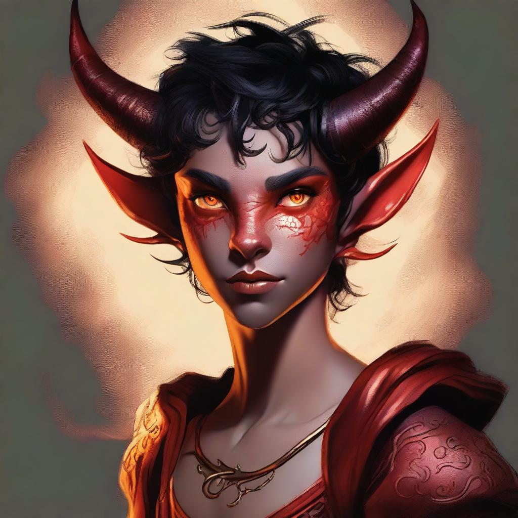 A high-resolution digital art piece showcasing a full-body image of a teenage, non-binary Tiefling