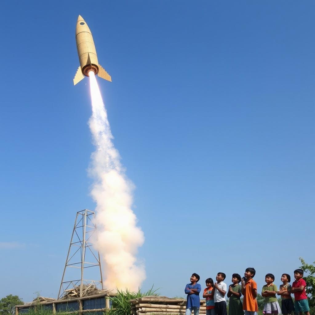 A unique bamboo rocket being launched into the sky, representing Bangladesh's innovation and creativity