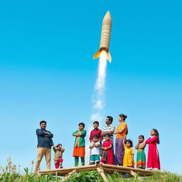 A unique bamboo rocket being launched into the sky, representing Bangladesh's innovation and creativity