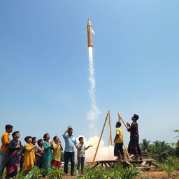 A unique bamboo rocket being launched into the sky, representing Bangladesh's innovation and creativity