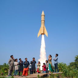 A unique bamboo rocket being launched into the sky, representing Bangladesh's innovation and creativity