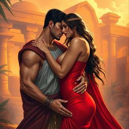A romantic scene depicting Nimrod and Semiramis in a passionate embrace