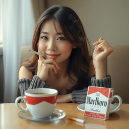 A beautiful Korean woman posing elegantly and attractively, facing the camera with a gentle smile while holding a cigarette