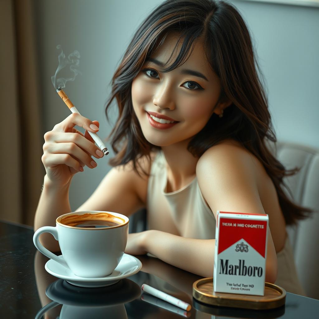 A beautiful Korean woman posing elegantly and attractively, facing the camera with a gentle smile while holding a cigarette