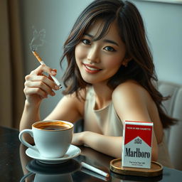 A beautiful Korean woman posing elegantly and attractively, facing the camera with a gentle smile while holding a cigarette