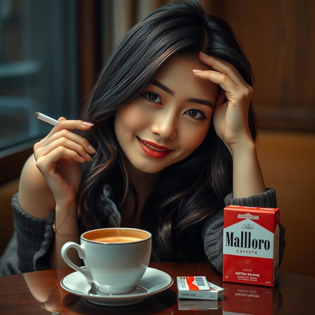 A beautiful Korean woman posing elegantly and attractively, facing the camera with a gentle smile while holding a cigarette