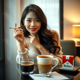A beautiful Korean woman posing elegantly and attractively, facing the camera with a gentle smile while holding a cigarette