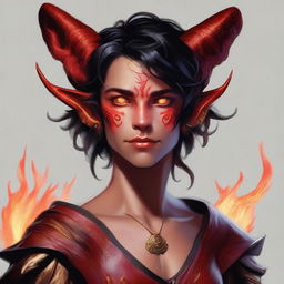 A high-resolution digital art piece showcasing a full-body image of a teenage, non-binary Tiefling