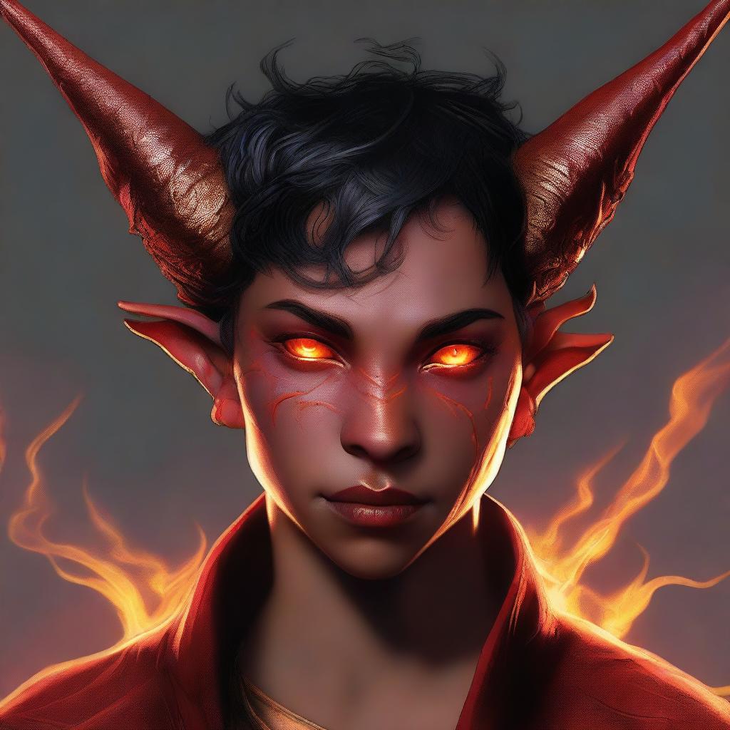 A high-resolution digital art piece showcasing a full-body image of a teenage, non-binary Tiefling