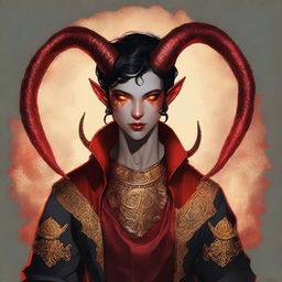 A high-quality digital art piece featuring a full-body image of a teenage, non-binary Tiefling