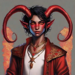 A high-quality digital art piece featuring a full-body image of a teenage, non-binary Tiefling