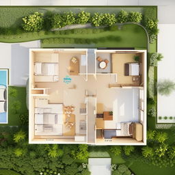 A well-designed second floor plan featuring two master bedrooms, one guestroom, and two washrooms, one attached and one common.